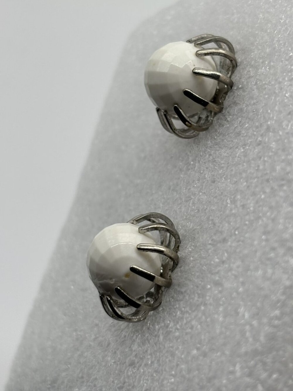 Vintage Clip Earrings Caged Faceted Lucite Spheres in Silver Tone White Unsigned